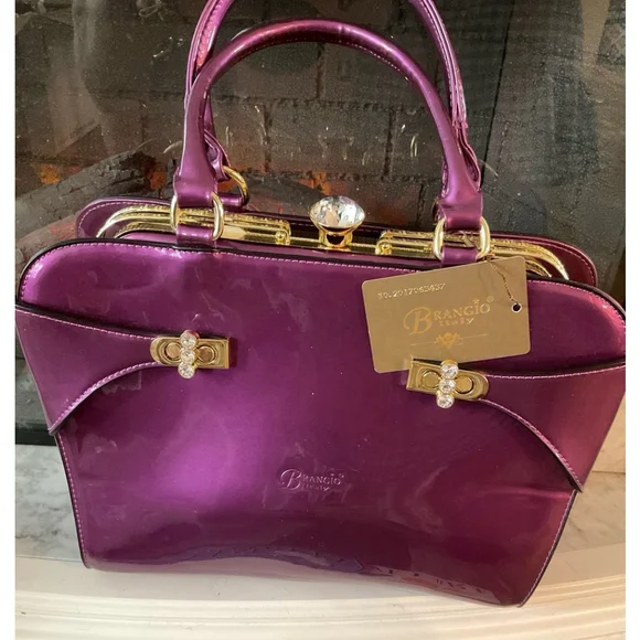 Brangio of Italy Purple Patent Leather Glam Gold Frame Rhinestone Top Handle Bag - Picture 3 of 12